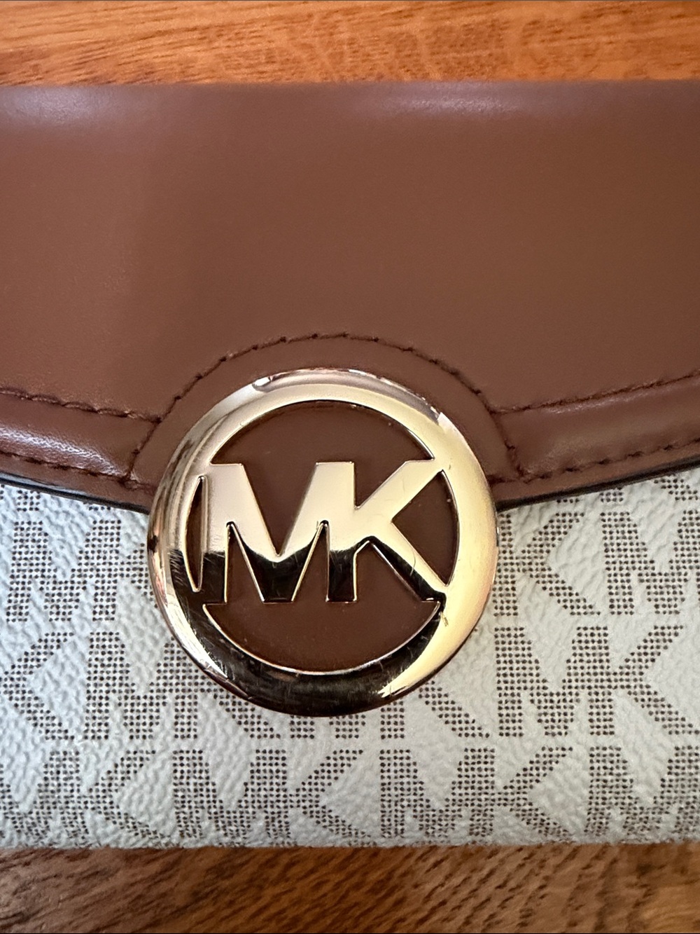 Michael Kors Tan & Beige MK Logo Continental Wallet with Gold Accent - Picture 2 of 6
